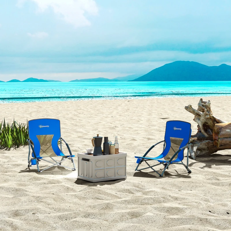 Outsunny Set of 2 Folding Beach Chairs with Mesh Back, Carry Bag and Cup Holder for Outdoor Camping Lawn Sports Picnic Dark Blue