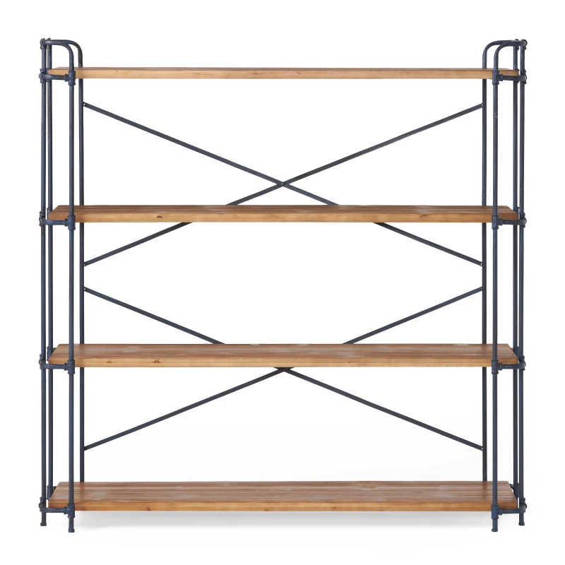 4-Shelf Minimalist Bookcase with Sleek Iron Frame, Industrial Design, Ideal for Patios, Backyard, 64" L x 17.5" W x 66.5" H, Natural