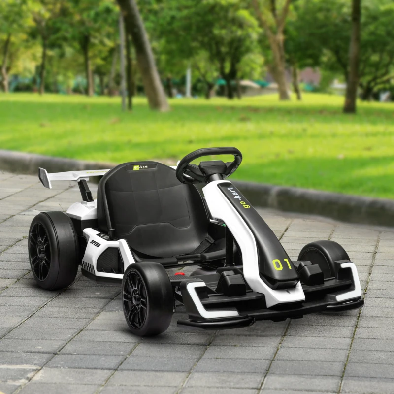 Aosom 24V Electric Go Kart, Battery Powered Kids Drift Kart with Adjustable Seat, Seat Belt, Horn, Music, Light, White
