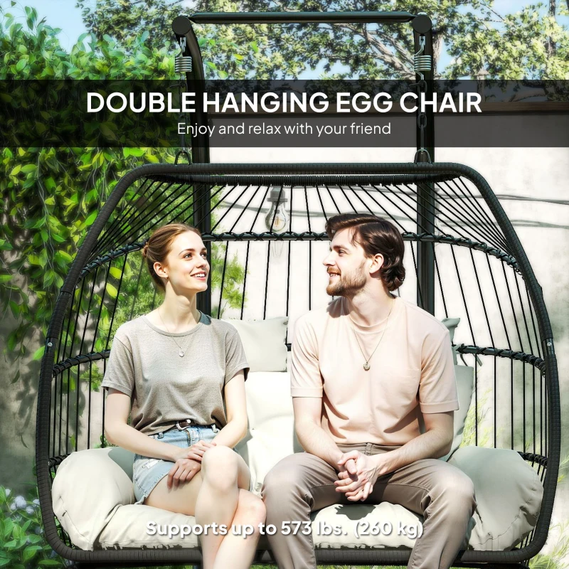 Outsunny Double Wicker Egg Swing Chair with Stand, Foldable Hanging Egg Chair with UV Resistant Cushion, Headrest, Cream White