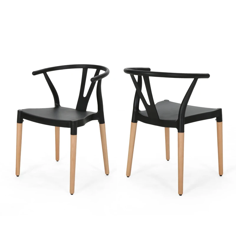 Set of 2 Modern Plastic Dining Chair with Beech Wood Legs, 20" L x 22" W x 29" H, Black