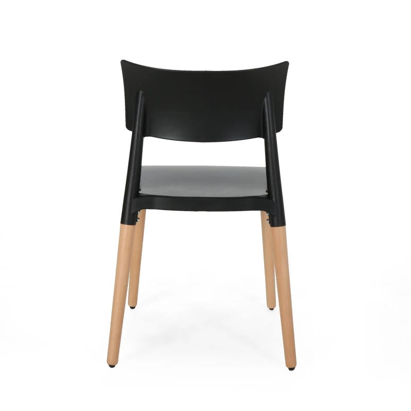 Set of 2 Durable Plastic Dining Chair with Beech Wood Legs, 19.5" L x 19" W x 31.5" H, Black