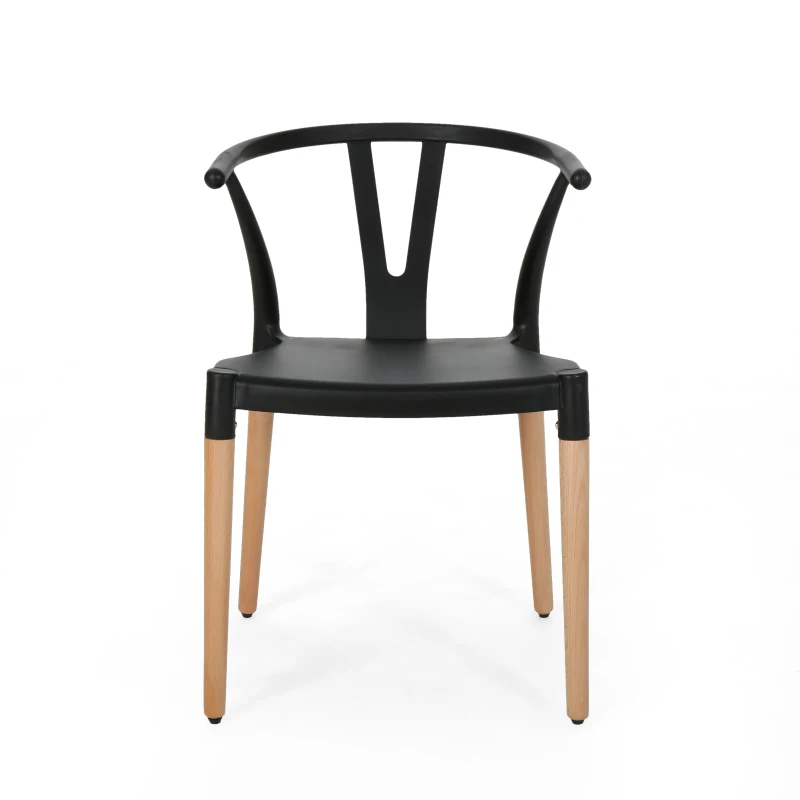 Set of 2 Modern Plastic Dining Chair with Beech Wood Legs, 20" L x 22" W x 29" H, Black
