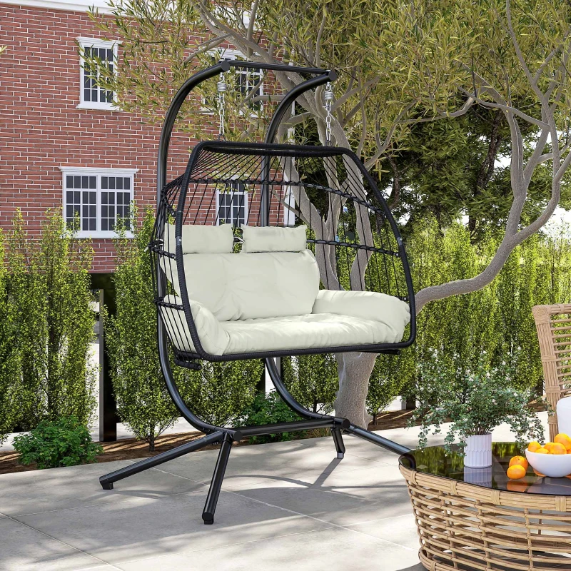 Outsunny Double Wicker Egg Swing Chair with Stand, Foldable Hanging Egg Chair with UV Resistant Cushion, Headrest, Cream White
