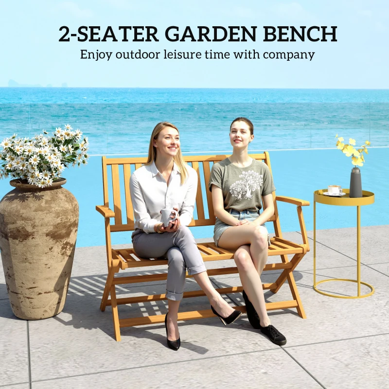 Outsunny 2-Person Foldable Wood Outdoor Bench with Backrest and Armrests for Garden, Porch, Park, Balcony, Teak