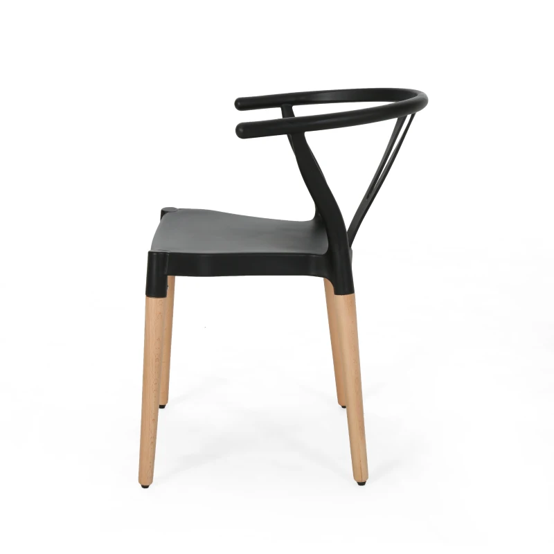 Set of 2 Modern Plastic Dining Chair with Beech Wood Legs, 20" L x 22" W x 29" H, Black