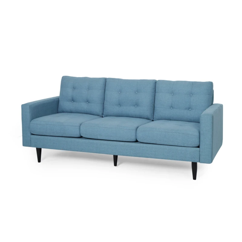 3-Seater Sofa with Button Tufted Waffle Stitch and Rubberwood Legs, 83" L x 33.5" W x 35.5" H, Blue