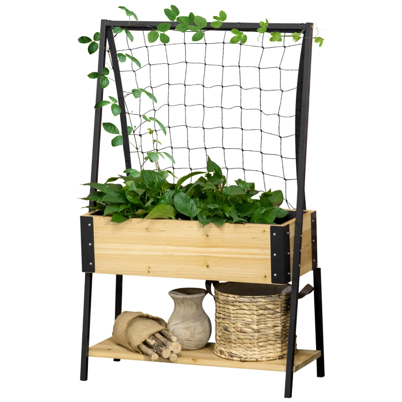 Outsunny Metal Leg Raised Garden Bed with Trellis, Elevated Planter Box with Storage Shelf, Bed Liner and Drainage Holes, for Vegetable Vines, Climbing Plants, Flowers, Natural