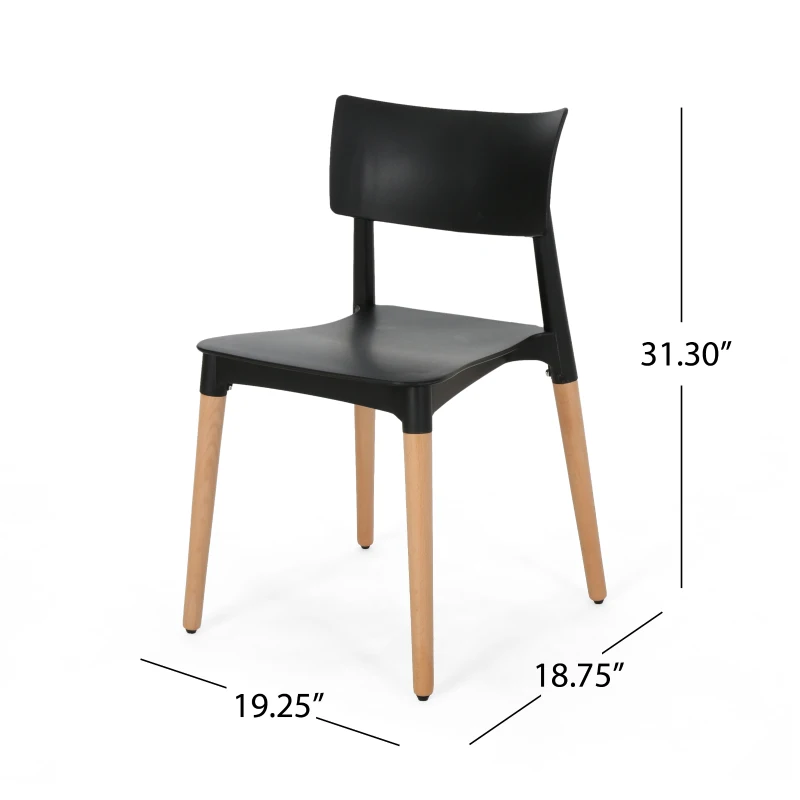 Set of 2 Durable Plastic Dining Chair with Beech Wood Legs, 19.5" L x 19" W x 31.5" H, Black