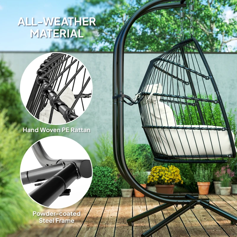 Outsunny Double Wicker Egg Swing Chair with Stand, Foldable Hanging Egg Chair with UV Resistant Cushion, Headrest, Cream White