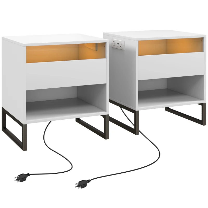 HOMCOM Bedside Table Set of 2, Side End Tables with Charging Station and USB Ports, LED Lights, 19" x 17" x 22", White