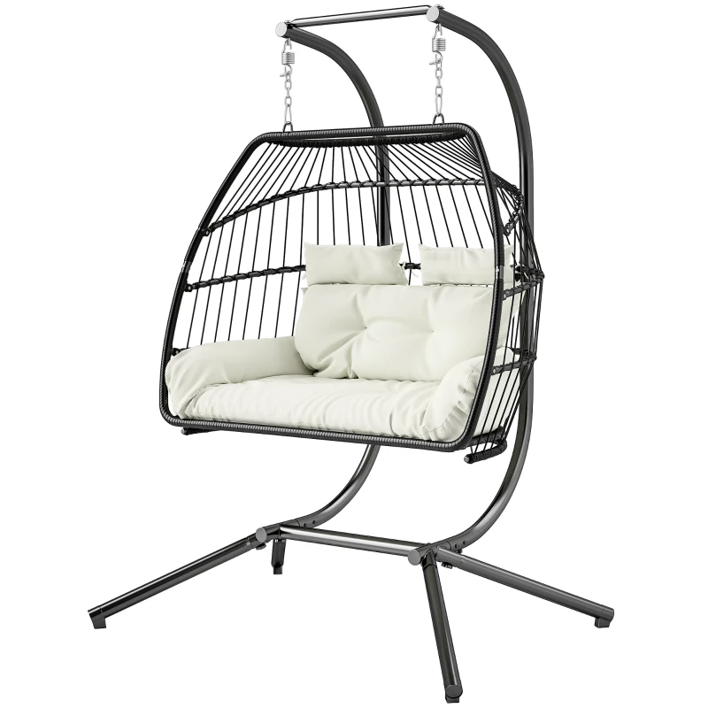 Outsunny Double Wicker Egg Swing Chair with Stand, Foldable Hanging Egg Chair with UV Resistant Cushion, Headrest, Cream White