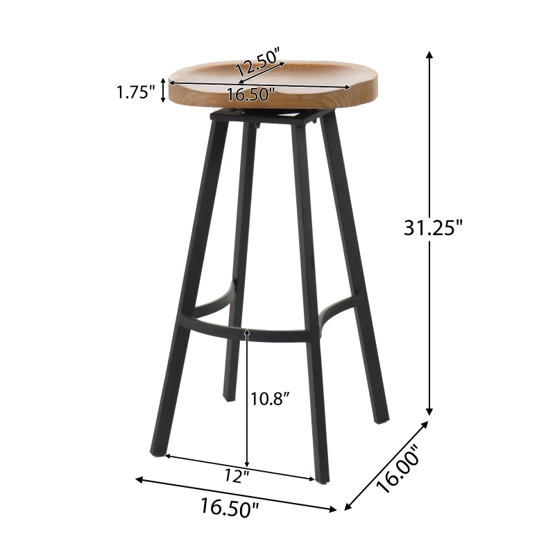 Set of 2 Industrial Barstools with Rust-Finish Iron Frame & Pinewood Seat