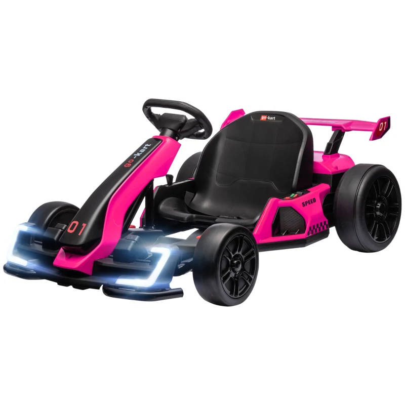 Aosom 24V Electric Go Kart, Battery Powered Kids Drift Kart with Adjustable Seat, Seat Belt, Horn, Music, Light, Pink