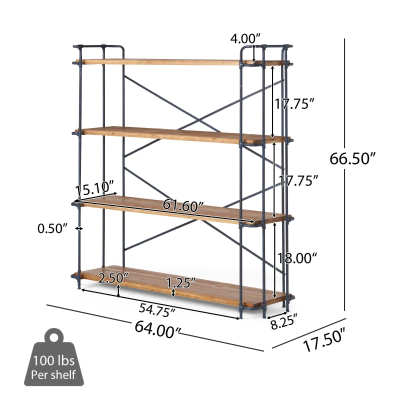 4-Shelf Minimalist Bookcase with Sleek Iron Frame, Industrial Design, Ideal for Patios, Backyard, 64" L x 17.5" W x 66.5" H, Natural