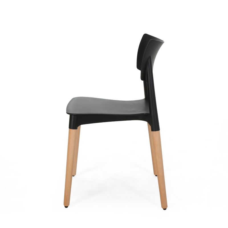 Set of 2 Durable Plastic Dining Chair with Beech Wood Legs, 19.5" L x 19" W x 31.5" H, Black