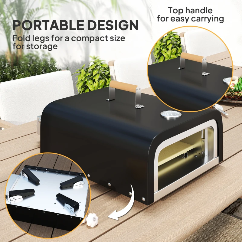 Outsunny Outdoor Tabletop Gas Pizza Oven with 12" Stone and Peel, Portable Pizza Oven Maker with Thermometer, Foldable Legs, Handle, Gas Hose and Regulator, Black