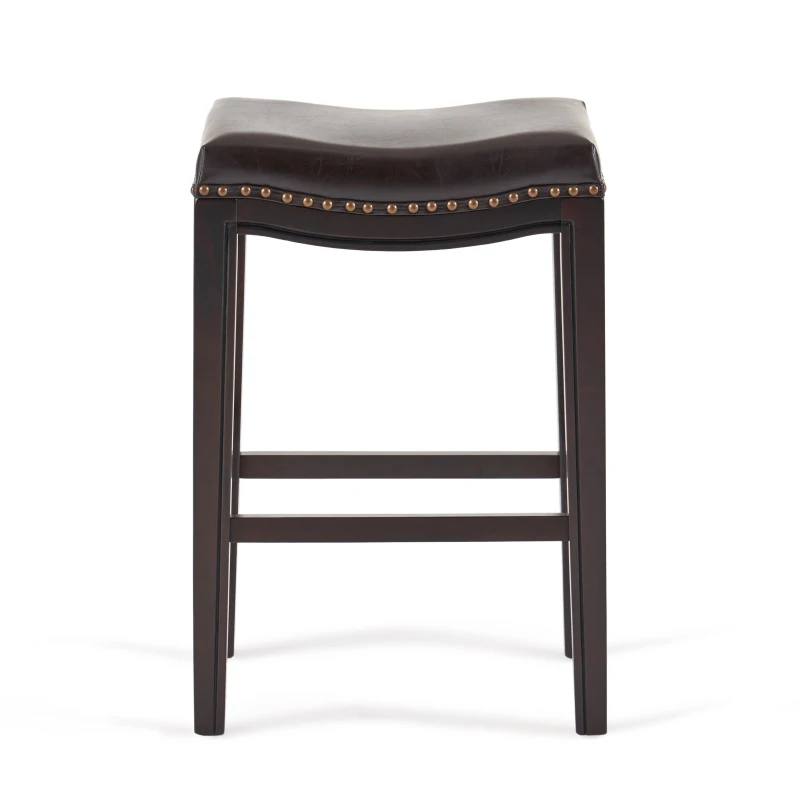 Set of 2 Contemporary Studded Counter Stools with Nailhead Accents Rubberwood Saddle Seat, 18.5" L x 12" W x 26" H, Brown