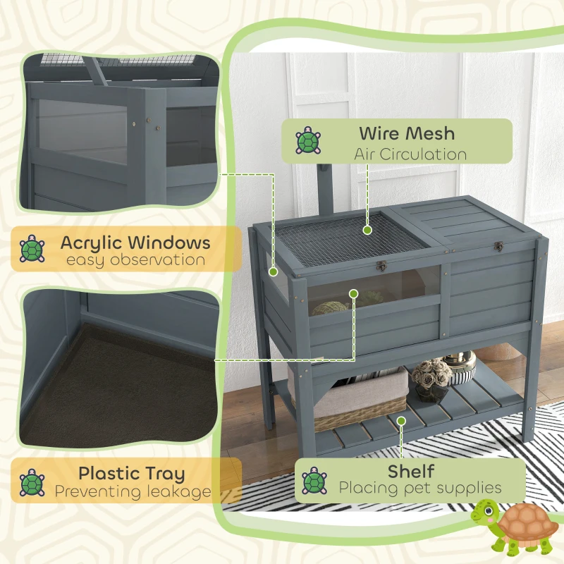 PawHut Tortoise Habitat with Shelf Storage Tortoise Gift Accessory with Weather Protection for Indoor, Gray