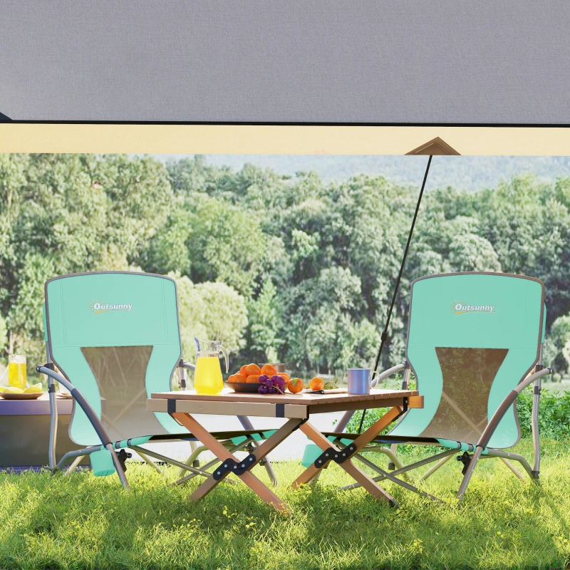 Outsunny Set of 2 Folding Beach Chairs with Mesh Back, Carry Bag and Cup Holder for Outdoor Camping Lawn Sports Picnic Turquoise