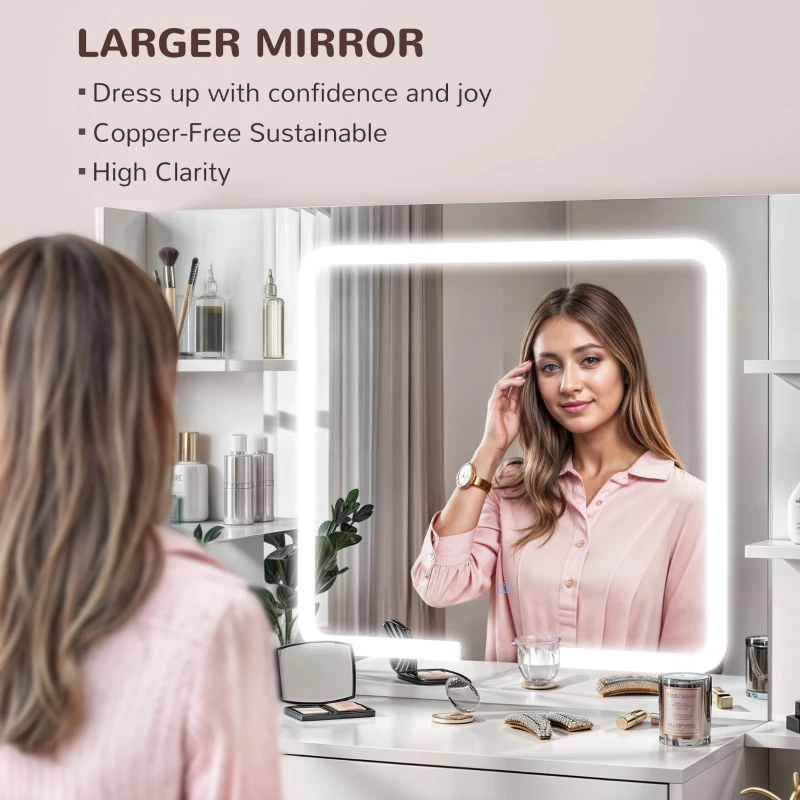 HOMCOM Makeup Vanity Table with Mirror and Lights, Modern Dressing Desk with 7 Drawers, 8 Shelves, 3 Lighting Modes, White