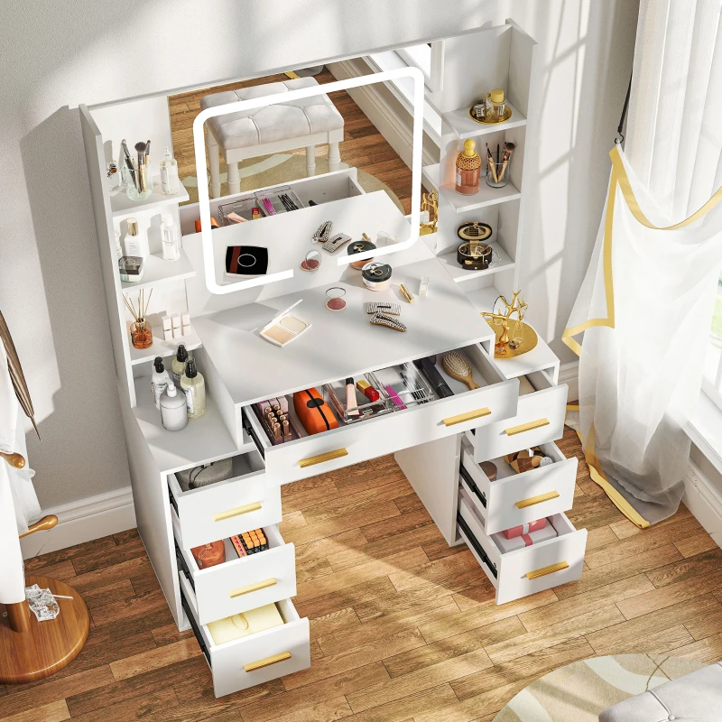 HOMCOM Makeup Vanity Table with Mirror and Lights, Modern Dressing Desk with 7 Drawers, 8 Shelves, 3 Lighting Modes, White