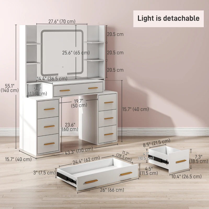 HOMCOM Makeup Vanity Table with Mirror and Lights, Modern Dressing Desk with 7 Drawers, 8 Shelves, 3 Lighting Modes, White