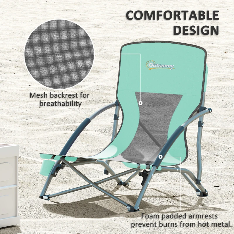 Outsunny Set of 2 Folding Beach Chairs with Mesh Back, Carry Bag and Cup Holder for Outdoor Camping Lawn Sports Picnic Turquoise
