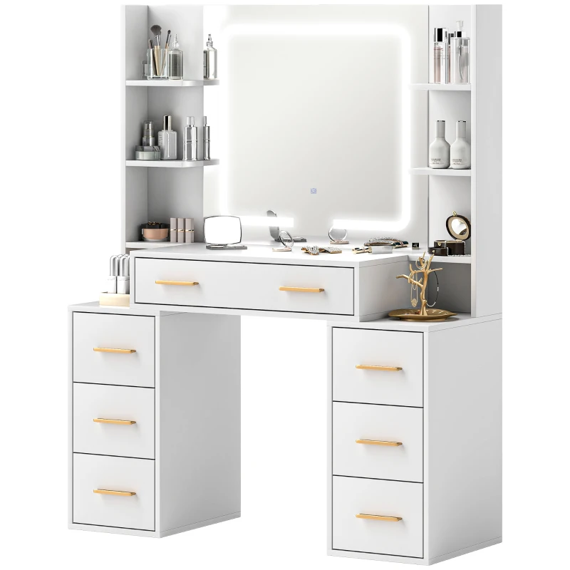 HOMCOM Makeup Vanity Table with Mirror and Lights, Modern Dressing Desk with 7 Drawers, 8 Shelves, 3 Lighting Modes, White