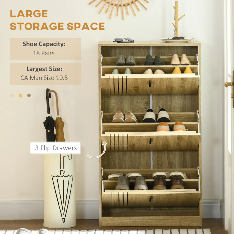 HOMCOM Shoe Storage Cabinet Organizer for 18 Pairs of Shoes with 3 Flip Drawers and Adjustable Shelves, Oak