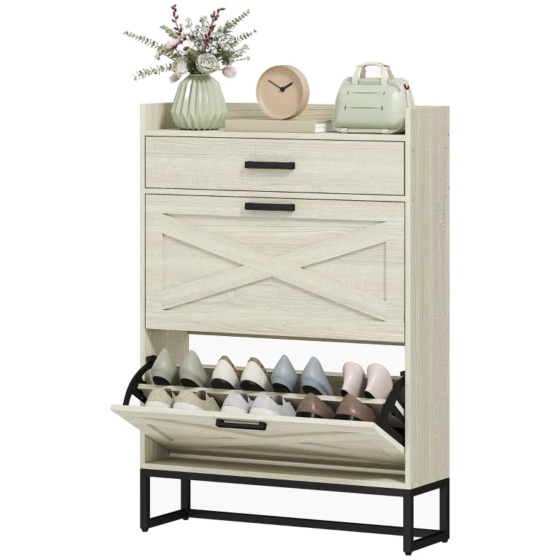 HOMCOM Slim Shoe Storage with 2 Flip Drawers and Adjustable Shelves Shoe Cabinet Organizer for 12 Pair, Distressed White