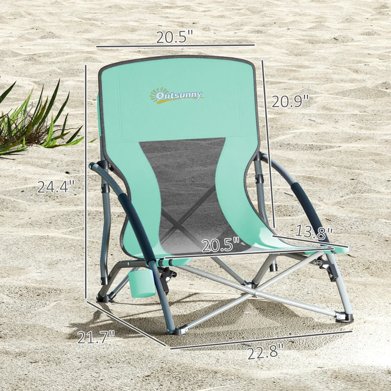 Outsunny Set of 2 Folding Beach Chairs with Mesh Back, Carry Bag and Cup Holder for Outdoor Camping Lawn Sports Picnic Turquoise