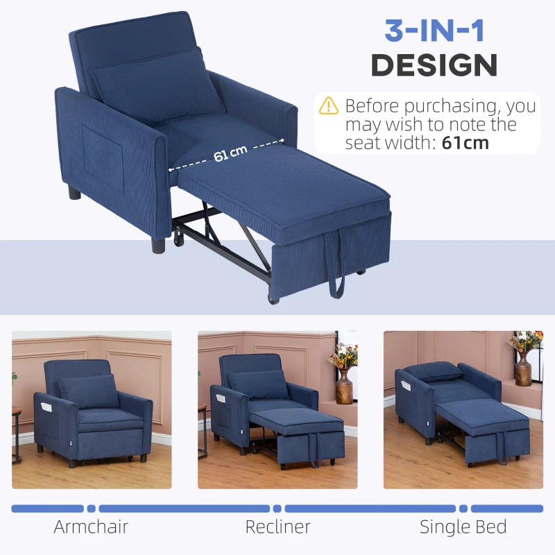 HOMCOM 3-in-1 Convertible Chair Bed, Pull Out Sofa Bed Sleeper Chair with Adjustable Backrest, Pillow, and Pockets, Blue
