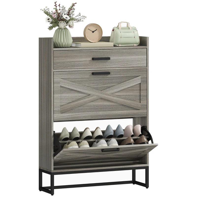 HOMCOM Slim Shoe Storage Cabinet, Shoes Cabinet Organizer with 2 Flip Drawers, Adjustable Shelves for 12 Pair, Distressed Gray
