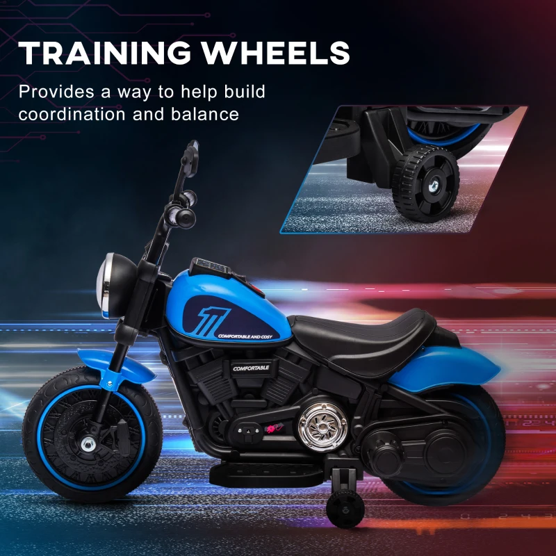 Aosom 6V Kids Motorcycle with Training Wheels, Foot Pedal, Headlight, Music, Forward/Reverse, Single-Button Start, Blue