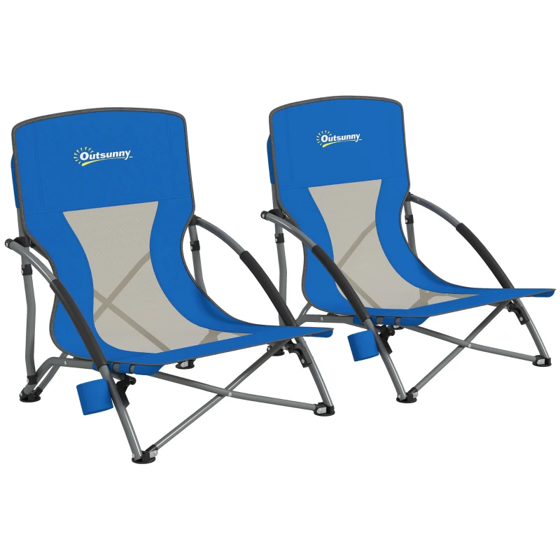 Outsunny Set of 2 Folding Beach Chairs with Mesh Back, Carry Bag and Cup Holder for Outdoor Camping Lawn Sports Picnic Dark Blue