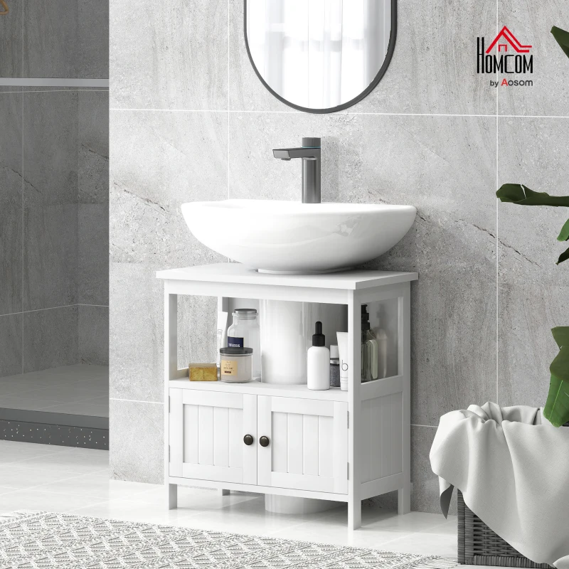 kleankin Pedestal Sink Storage Cabinet, Bathroom Under Sink Cabinet with 2 Doors and Open Shelf, Bathroom Vanity, White