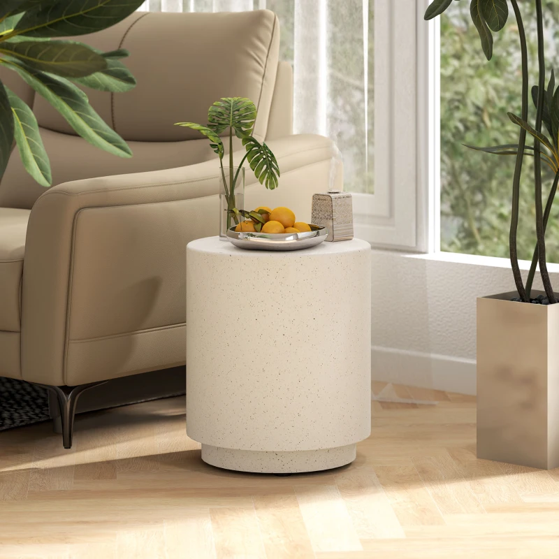 HOMCOM Terrazzo Finish Side Table, 17" Round End Table for Indoor and Outdoor, Cream White