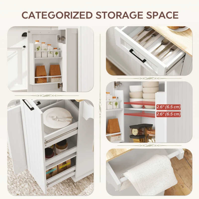 HOMCOM Kitchen Island on Wheels with Wood Drop Leaf, Charging Station, Rolling Kitchen Cart with Adjustable Shelf, White