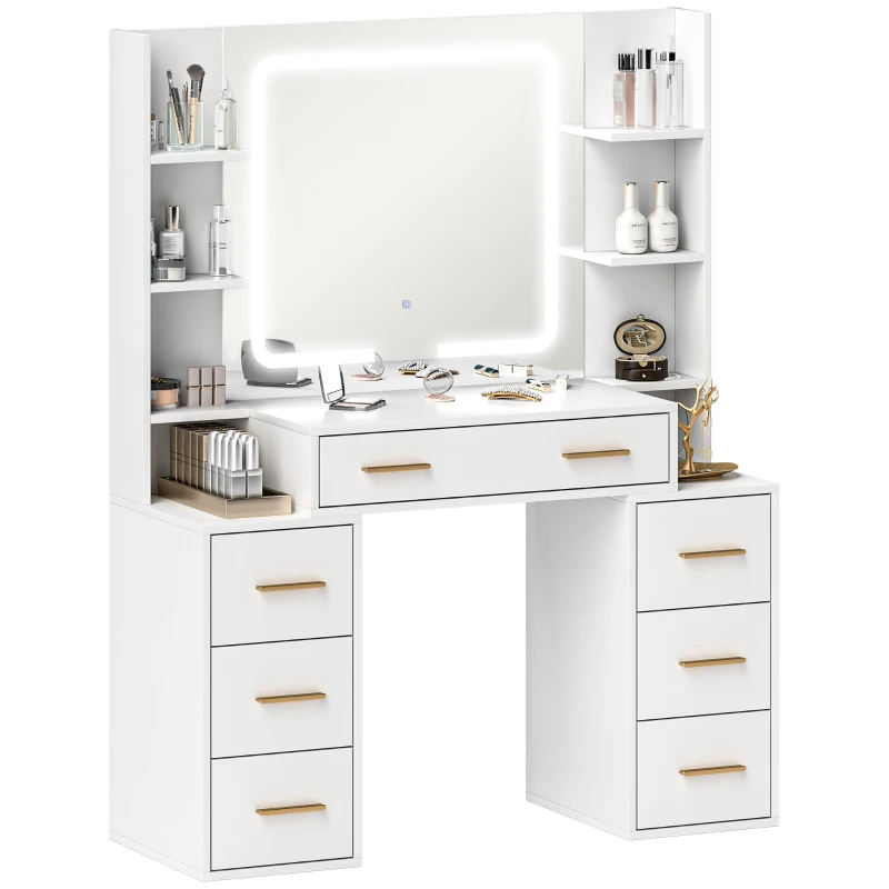 HOMCOM Makeup Vanity Table with Mirror and Lights, Modern Dressing Desk with 7 Drawers, 8 Shelves, 3 Lighting Modes, White