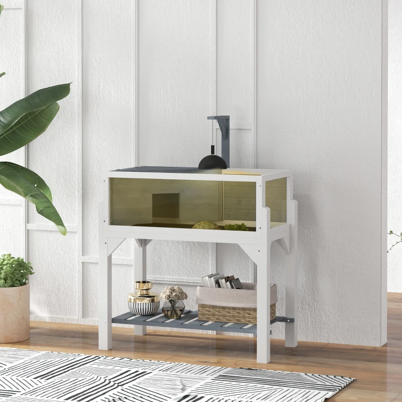 PawHut Wooden Tortoise Habitat with Storage Shelf, Tortoise Enclosure with Clear Windows, Openable Top, Lamp Holder, Gray