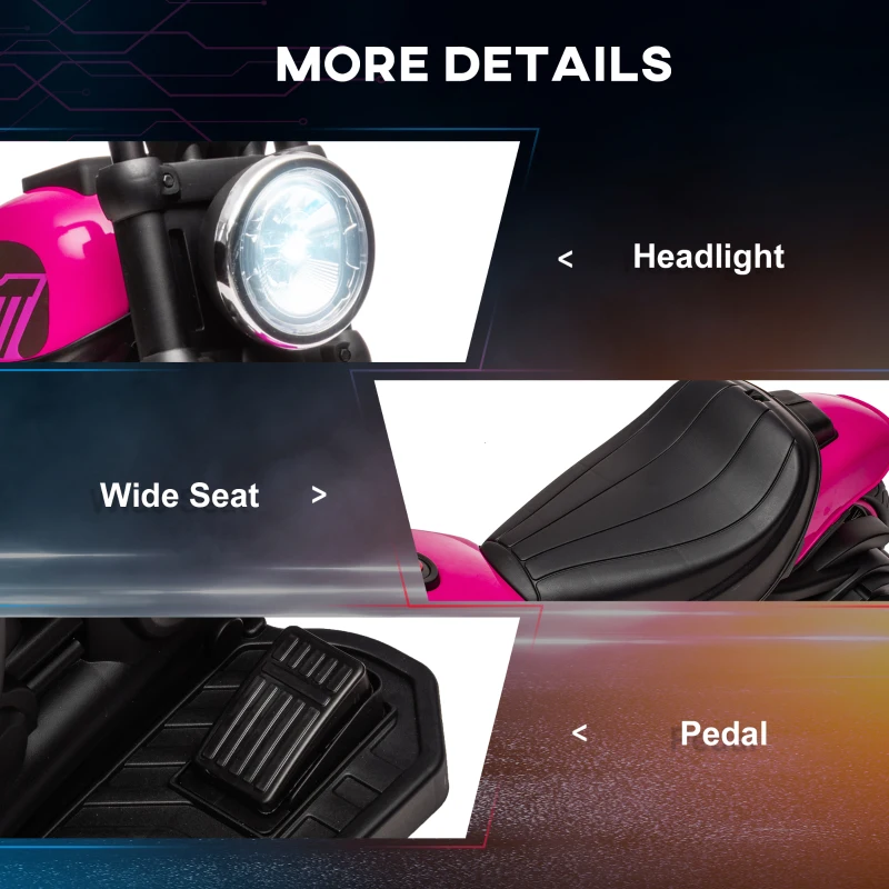 Aosom 6V Kids Motorcycle with Training Wheels, Foot Pedal, Headlight, Music, Forward/Reverse, Single-Button Start, Pink