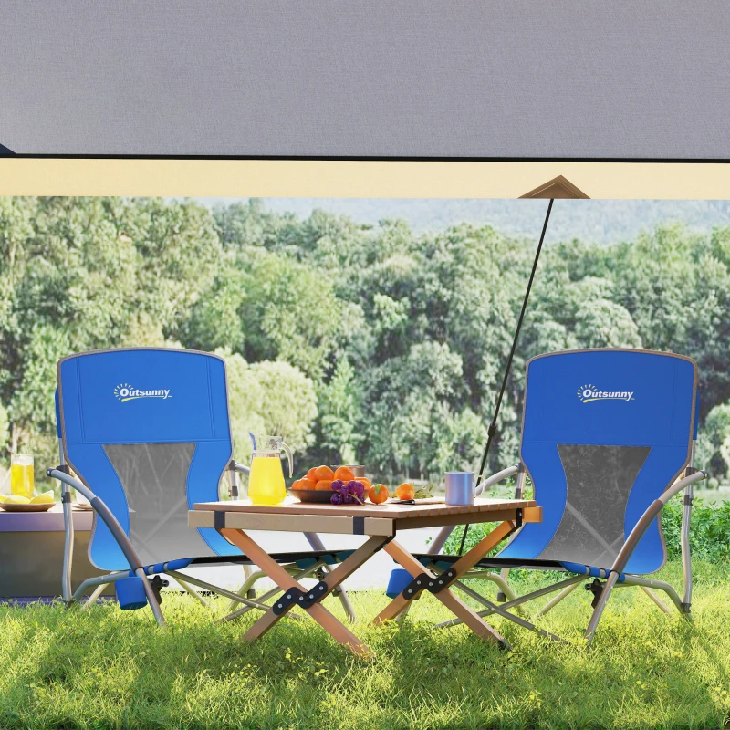 Outsunny Set of 2 Folding Beach Chairs with Mesh Back, Carry Bag and Cup Holder for Outdoor Camping Lawn Sports Picnic Dark Blue