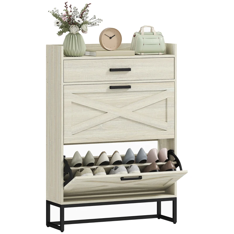 HOMCOM Slim Shoe Storage with 2 Flip Drawers and Adjustable Shelves Shoe Cabinet Organizer for 12 Pair, Distressed White