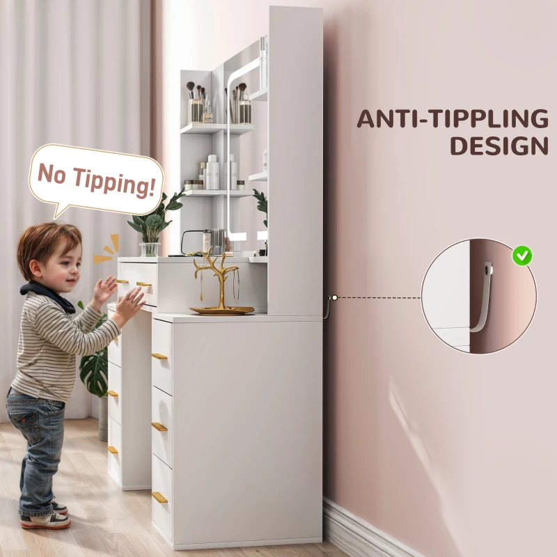 HOMCOM Makeup Vanity Table with Mirror and Lights, Modern Dressing Desk with 7 Drawers, 8 Shelves, 3 Lighting Modes, White