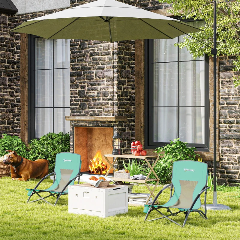 Outsunny Set of 2 Folding Beach Chairs with Mesh Back, Carry Bag and Cup Holder for Outdoor Camping Lawn Sports Picnic Turquoise