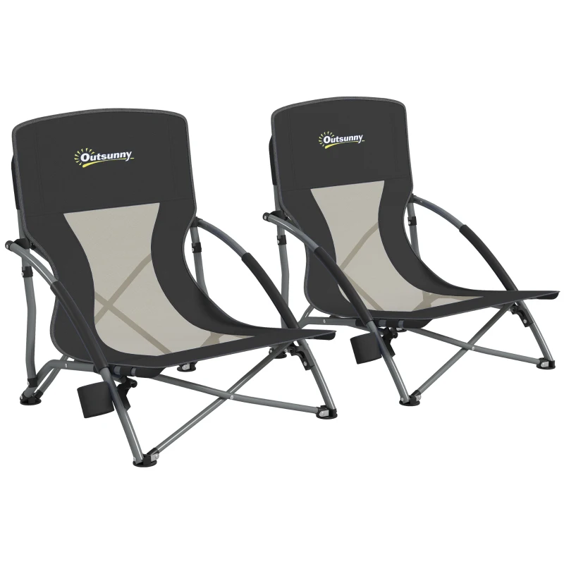 Outsunny Set of 2 Folding Beach Chairs with Mesh Back, Carry Bag and Cup Holder for Outdoor Camping Lawn Sports Picnic, Black