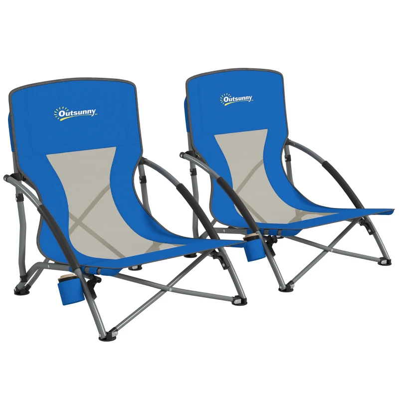 Outsunny Set of 2 Folding Beach Chairs with Mesh Back, Carry Bag and Cup Holder for Outdoor Camping Lawn Sports Picnic Dark Blue