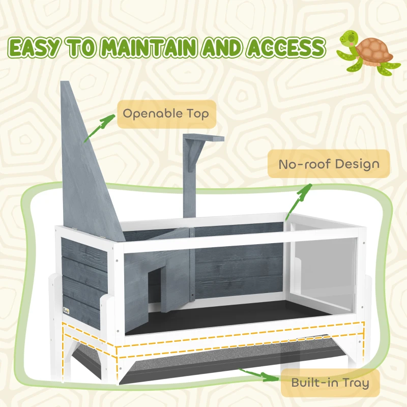 PawHut Wooden Tortoise Habitat with Storage Shelf, Tortoise Enclosure with Clear Windows, Openable Top, Lamp Holder, Gray
