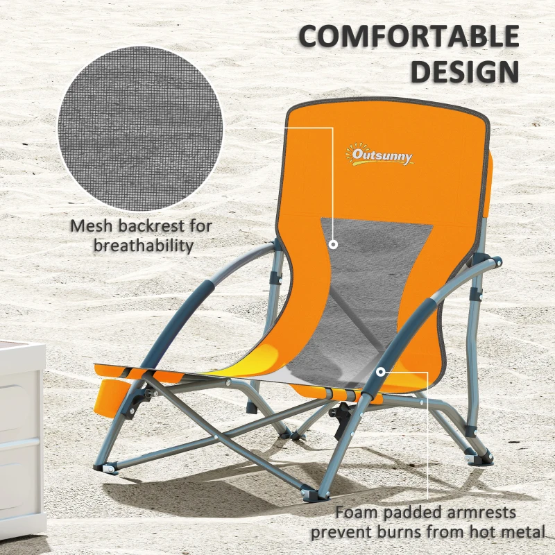 Outsunny Set of 2 Folding Beach Chairs with Mesh Back, Carry Bag and Cup Holder for Outdoor Camping Lawn Sports Picnic Orange